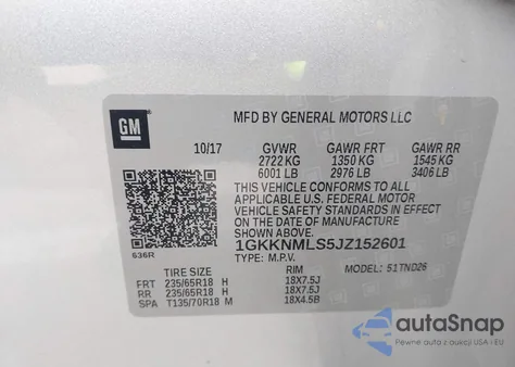 2018 GMC Acadia Slt-1 z USA, uszkodzony, nr VIN 1GKKNMLS5JZ152601